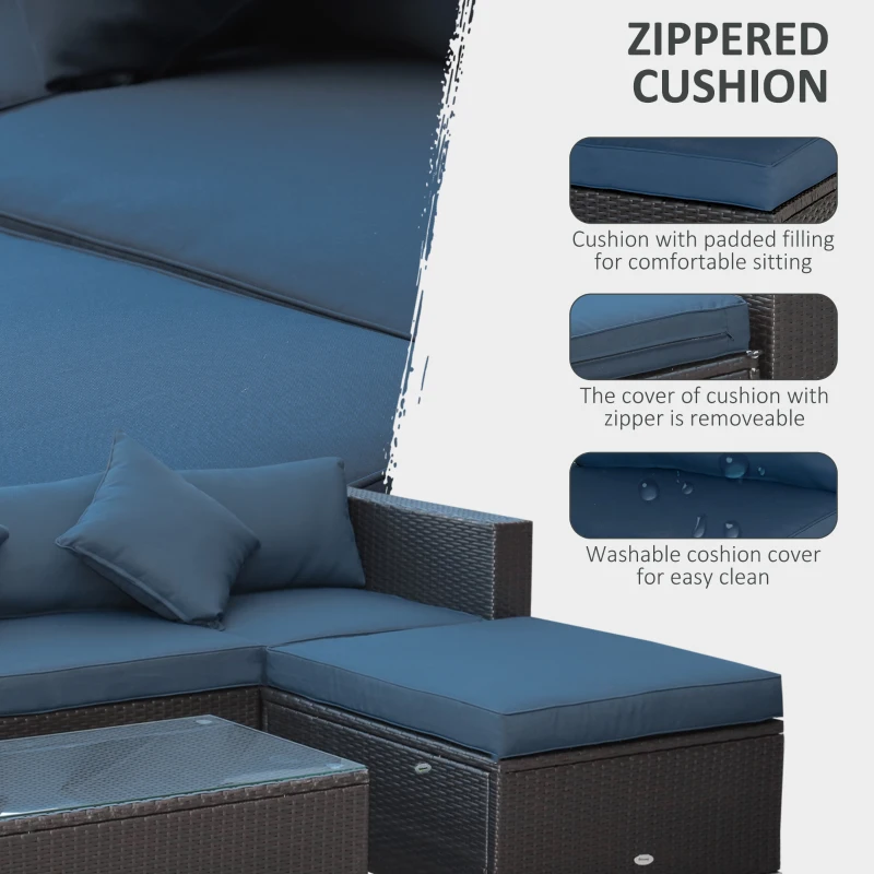 Outsunny 5-Piece Patio Furniture Set with Cushions, Outdoor PE Rattan Wicker Sofa Set, Sectional Furniture with Pillows, Glass Coffee Table for Garden, Backyard, Coffee/Blue