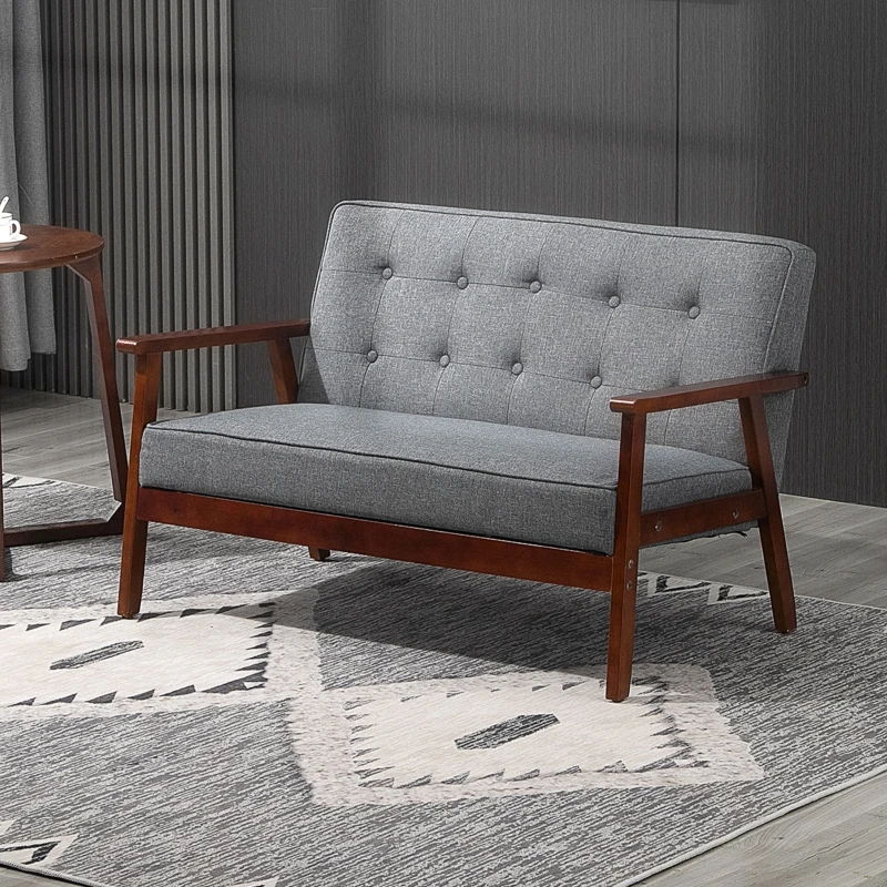 HOMCOM 44.5" 2 Seat Sofa for Bedroom, Modern Upholstered Loveseat with Button Tufted Back and Wood Legs, Grey
