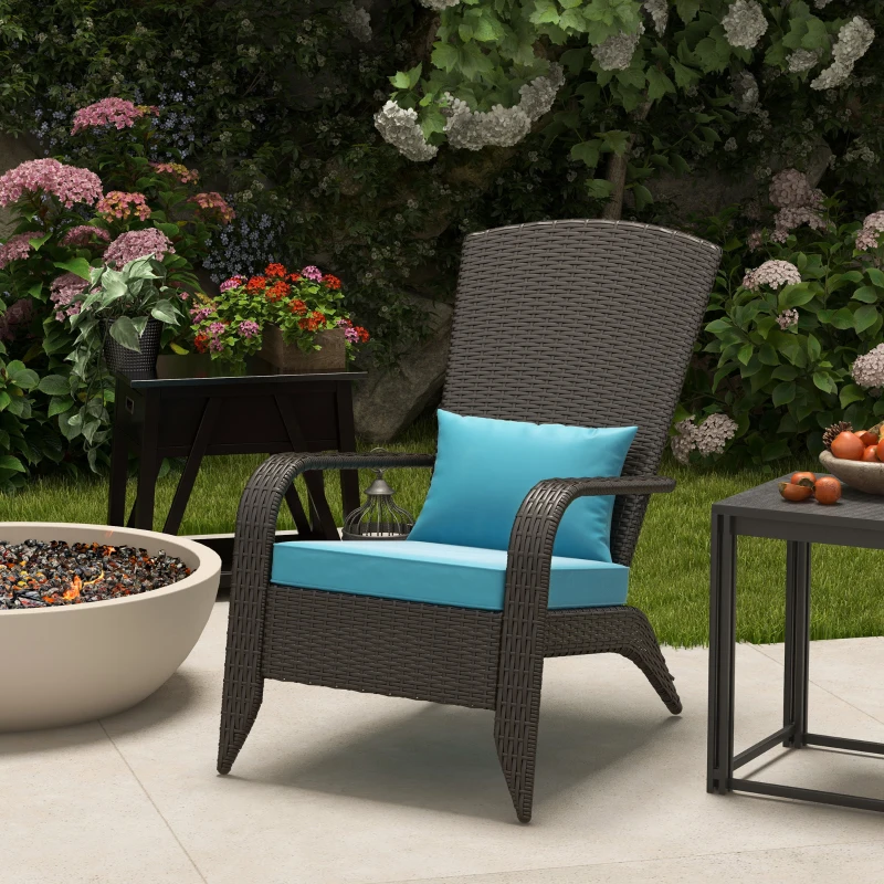 Outsunny Patio Wicker Adirondack Chair, Outdoor Rattan Muskoka Chair with Cushions for Patio, Garden, Backyard Turquoise