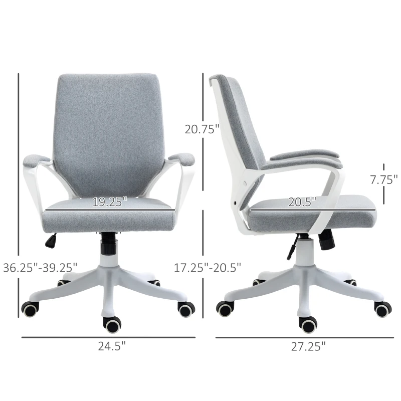 Vinsetto Mid Back Home Office Chair, Ergonomic Task Computer Desk Chair with Lumbar Back Support, Adjustable Height, and Padded Armrests, Grey