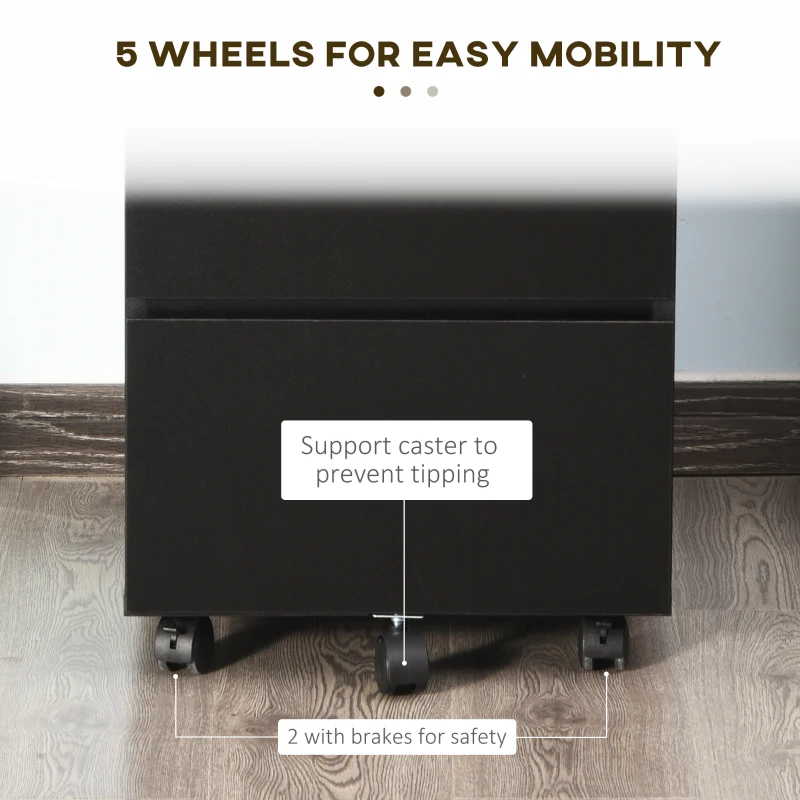 HOMCOM 3 Drawer Storage Cabinet, Mobile Desk Cabinet Under Desk with Wheels, Printer Stand for Home Office, Black