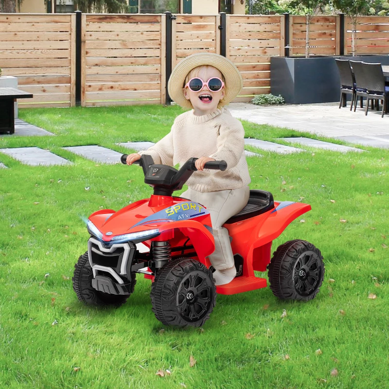 Qaba Kids ATV, 6V Battery Powered Electric Vehicle with Headlights, Music, Forward/Reverse Switch for 18-36 Months, Red