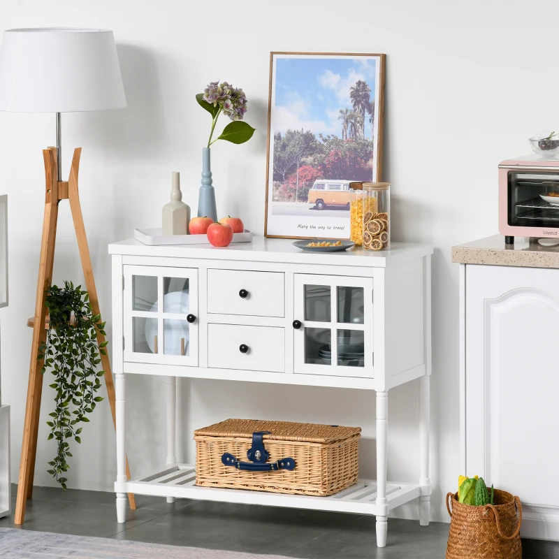 HOMCOM Modern Sideboard Buffet Cabinet, Kitchen Storage Cabinet with 2 Drawers, Bottom Shelf, Glass Doors, White