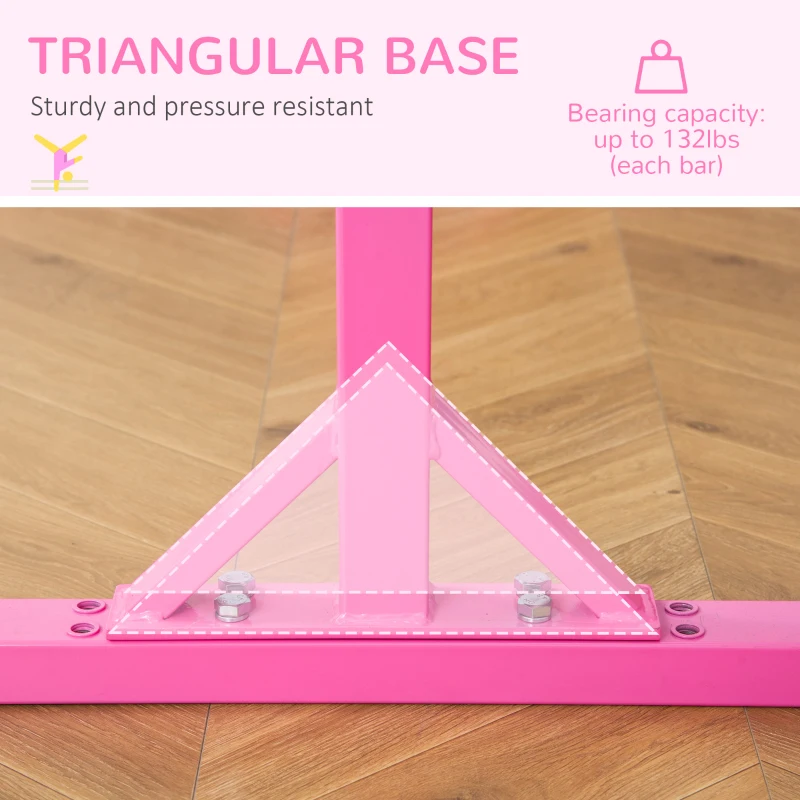 Qaba Double Horizontal Bars, Junior Gymnastic Training Parallel Bars with Double-locking System 13-level 36"-59" Adjustable Heights, 6-level Adjustable Width for Indoor Outdoor, Pink