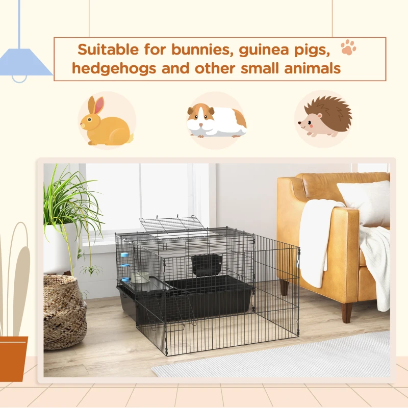 PawHut 33" Small Animal Cage with Playpen, Bunny Hutch Indoor for Guinea Pigs Hedgehogs with Accessories, Water Bottle, Food Dish, Feeding Trough