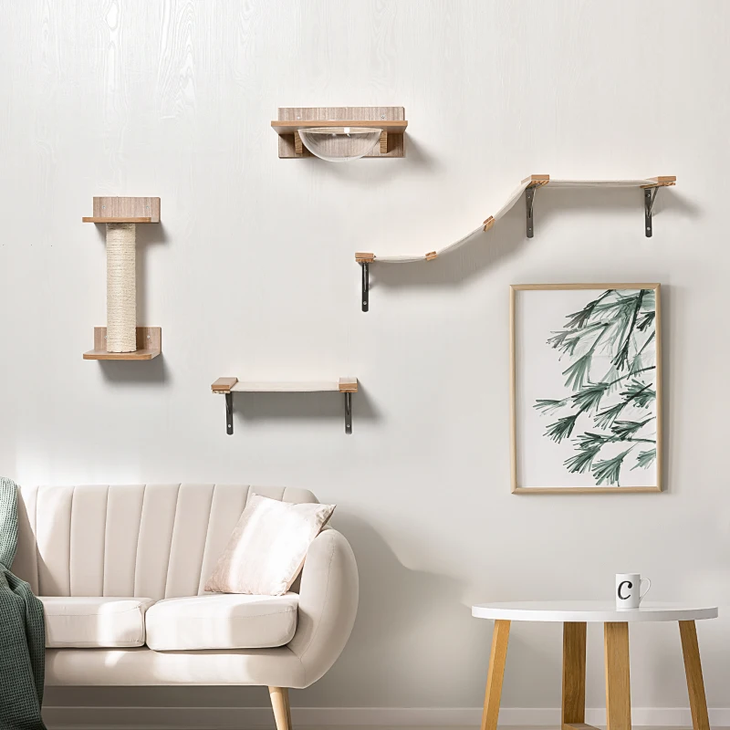 PawHut Indoor Cat Activity Tree 4-Piece Set, Mounted Pet Climbing Perches, Kitten Center with Feeding Station, Hammock Stairs, Scratching Post, Jumping Platform, Beige