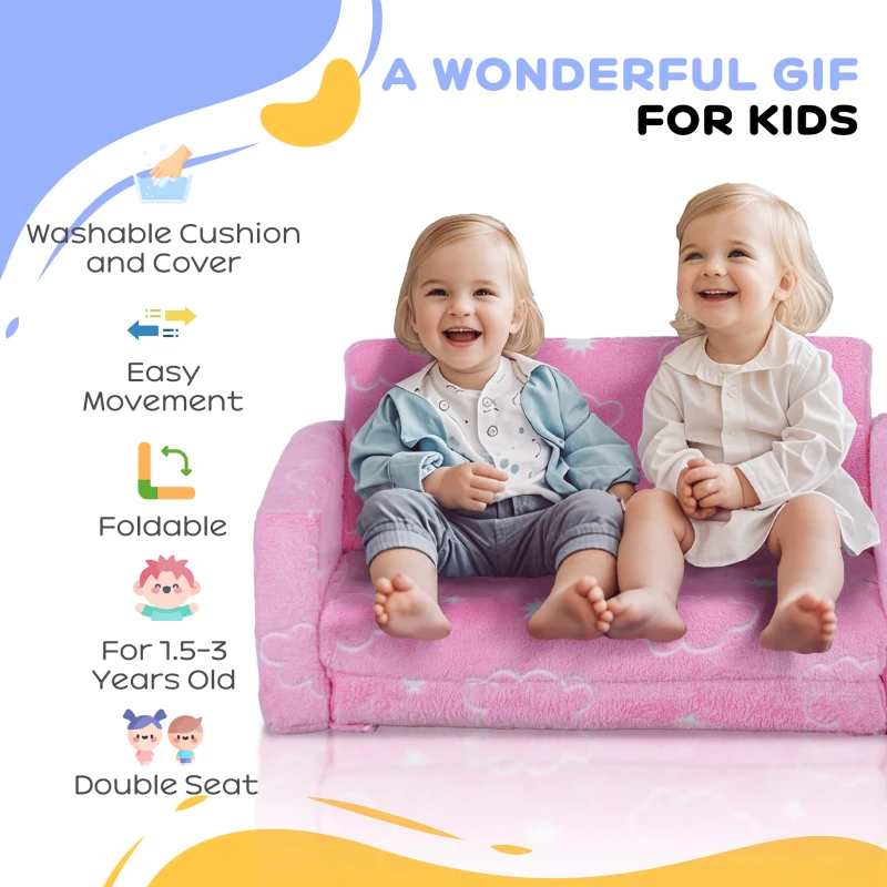 Qaba Couch with Glow in the Dark Cloud Pattern, Washable Cover, Pink