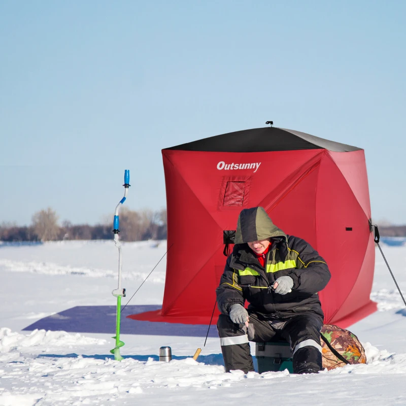 Outsunny 2 Person Ice Fishing Shelter, Pop-Up Portable Ice Fishing Tent with Carry Bag, Windows and Anchors for Low-Temp -22℉, Red
