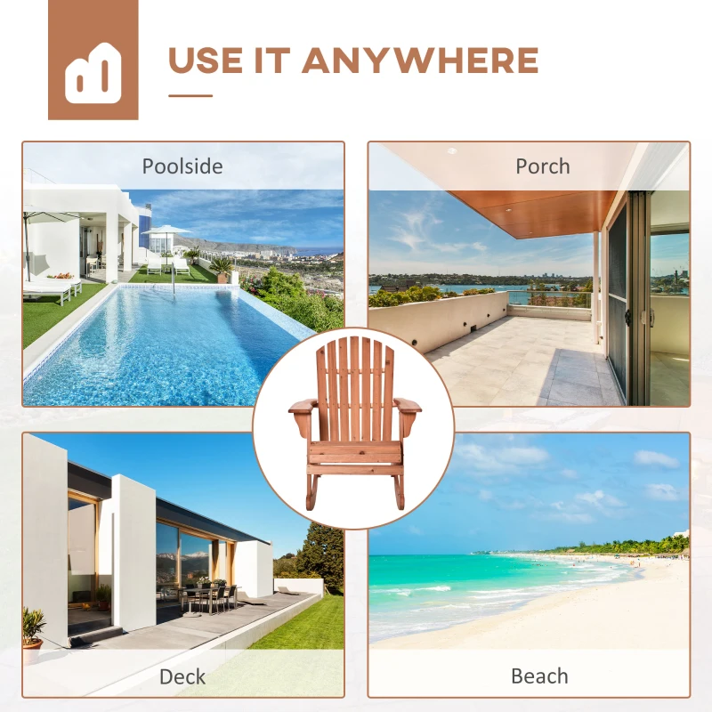 Outsunny Wooden Adirondack Rocking Muskoka Chair with Slatted Wooden Design, Fanned Back and Classic Rustic Style, Teak