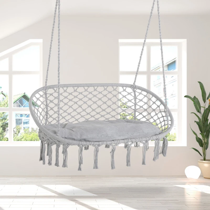 Outsunny 2-Person Hammock Chair Macrame Swing with Soft Cushion, Hanging Cotton Rope Chair for Indoor Outdoor Home Patio Backyard, Light Gray
