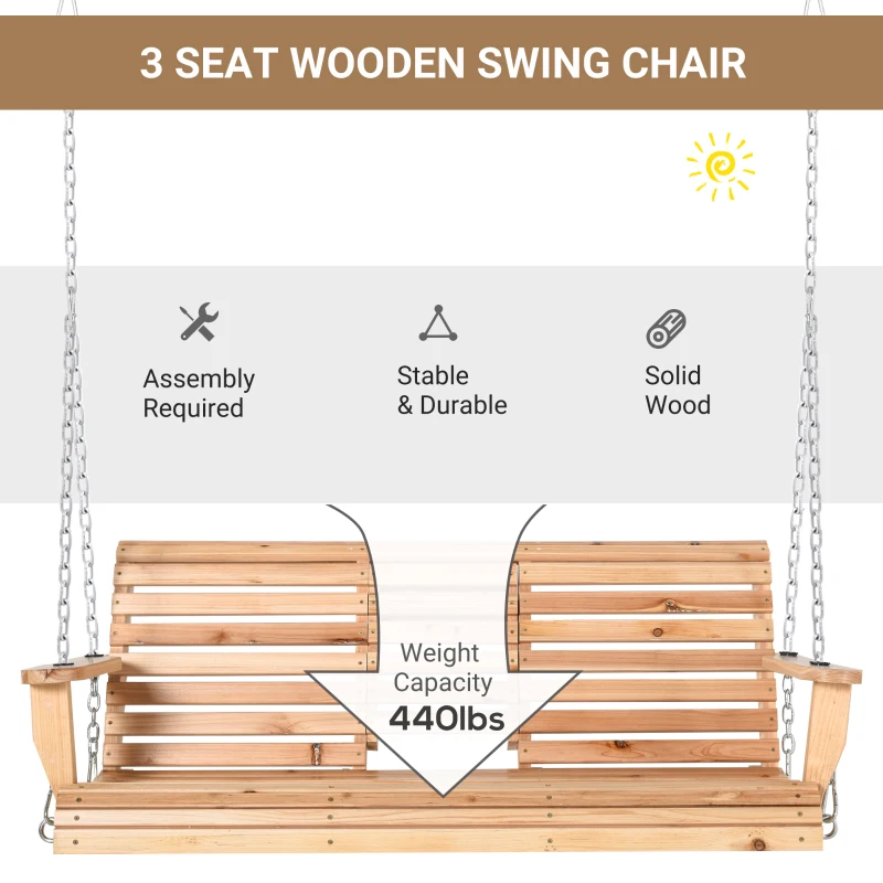 Outsunny 3 Seater Patio Swing Chair Wood Porch Swing with Foldable Table, Cup Holders, Steel Chains for Garden, Yard, Natural