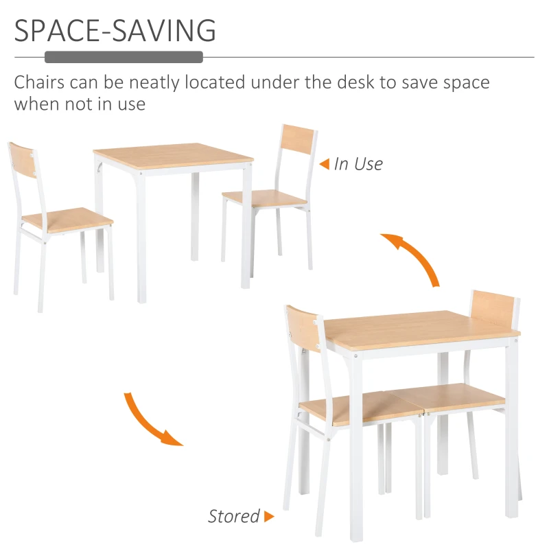 HOMCOM 3-Piece Wooden Square Dining Table Set with 1 Table and 2 Chairs and Sturdy Metal Frame for Small Space, White