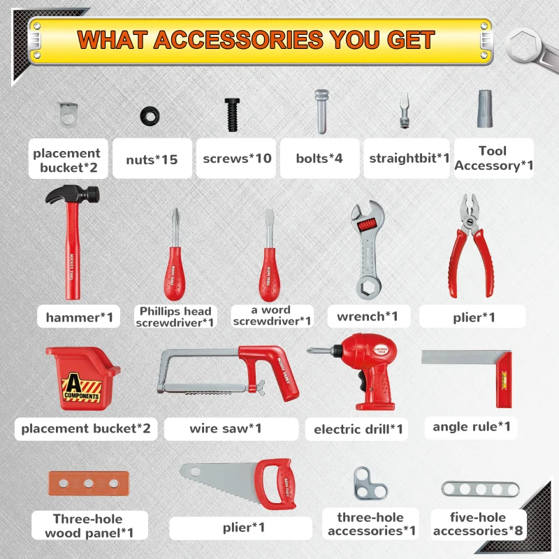 Qaba 55 PCS Kids Workbench and Construction Toy, Toddler Tool Workshop, STEM Educational Pretend Play, w/ Shelf Storage Box, Gift for Boys & Girls, Aged 3-6 Years Old