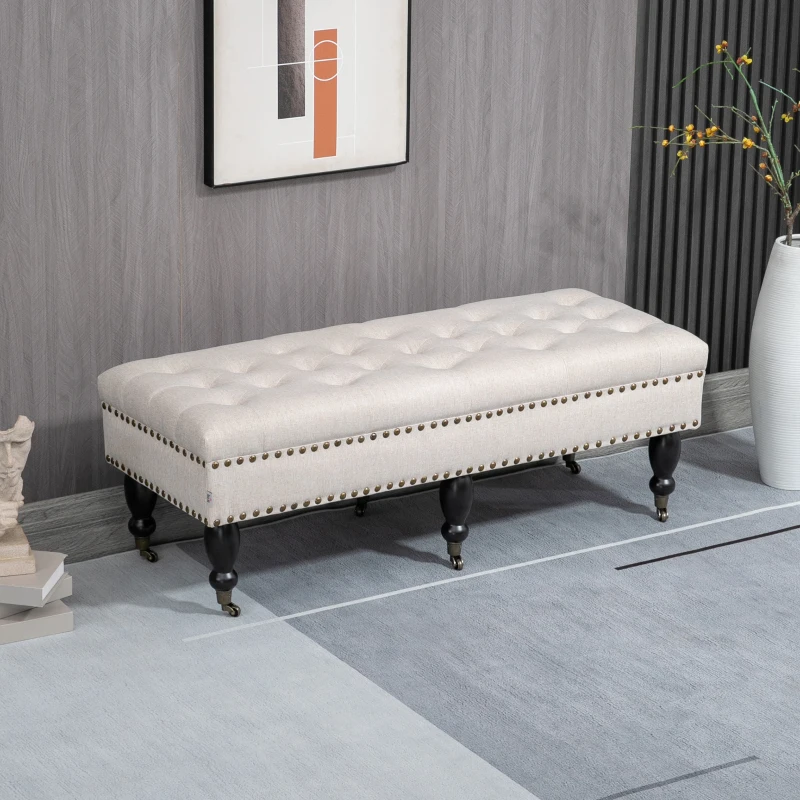 HOMCOM Mobile End of Bed Bench, Upholstered Bedroom Entryway Bench with Button-Tufted, Accent Ottoman with Nailhead Trim and Wheels, Beige