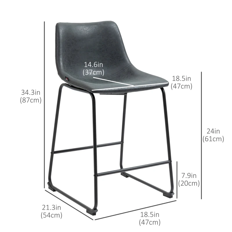 HOMCOM Counter Height Bar Stools Set of 2, Vintage PU Leather Bar Chairs, Kitchen Stool with Footrest, Black