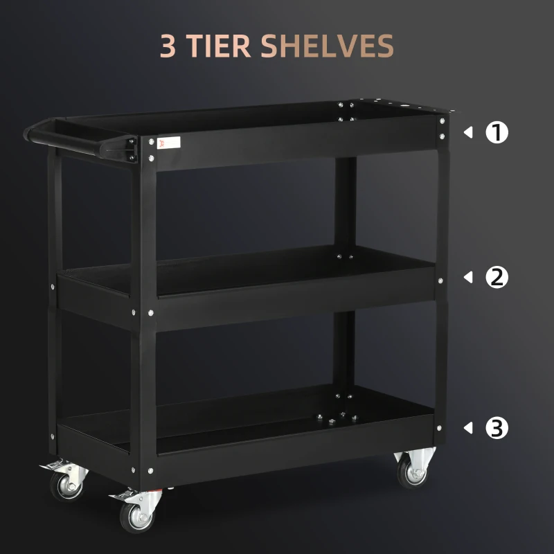 DURHAND 3 Tier Rolling Tool Cart with Wheels, 330 LBS Capacity Heavy Duty Utility Cart, Mobile Service Cart for Garage, Black