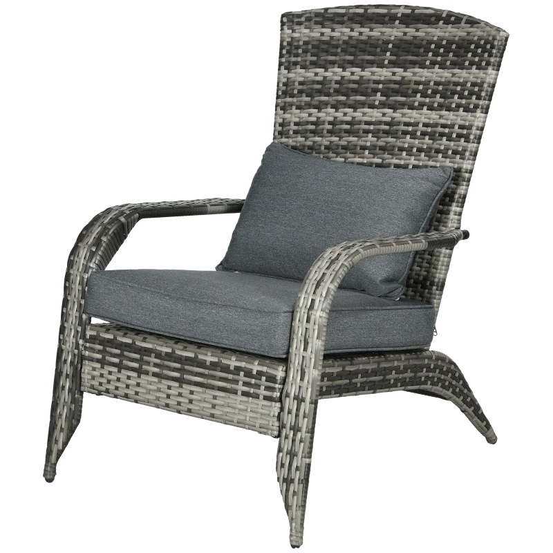 Outsunny Patio Wicker Adirondack Chair, Outdoor All-Weather Rattan Fire Pit Chair w/ Soft Cushions, Tall Curved Backrest and Comfortable Armrests for Deck or Garden, Mixed Gray/Gray