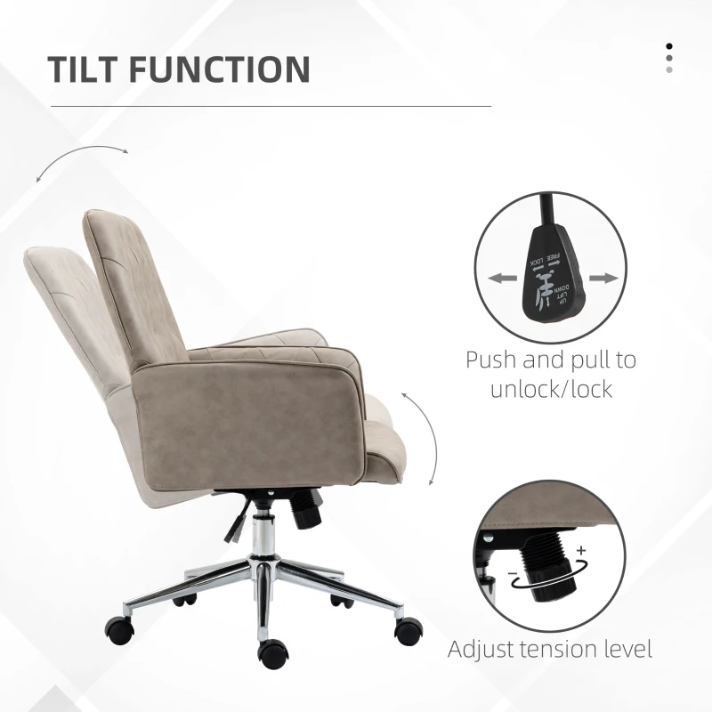 Vinsetto Microfiber Home Office Chair, Tufted Height Adjustable Computer Desk Chair with Swivel Wheels and Padded Armrests, Light Gray