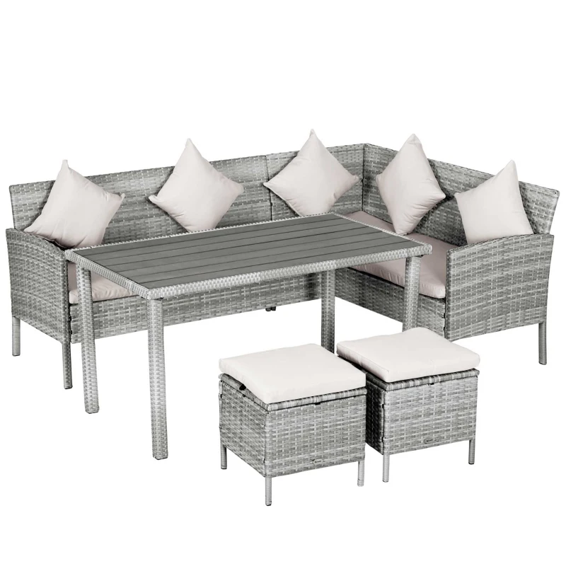 Outsunny 5 Pieces Wicker Patio Conversation Dining Furniture Set with Cushions, Table and Ottomans, Beige