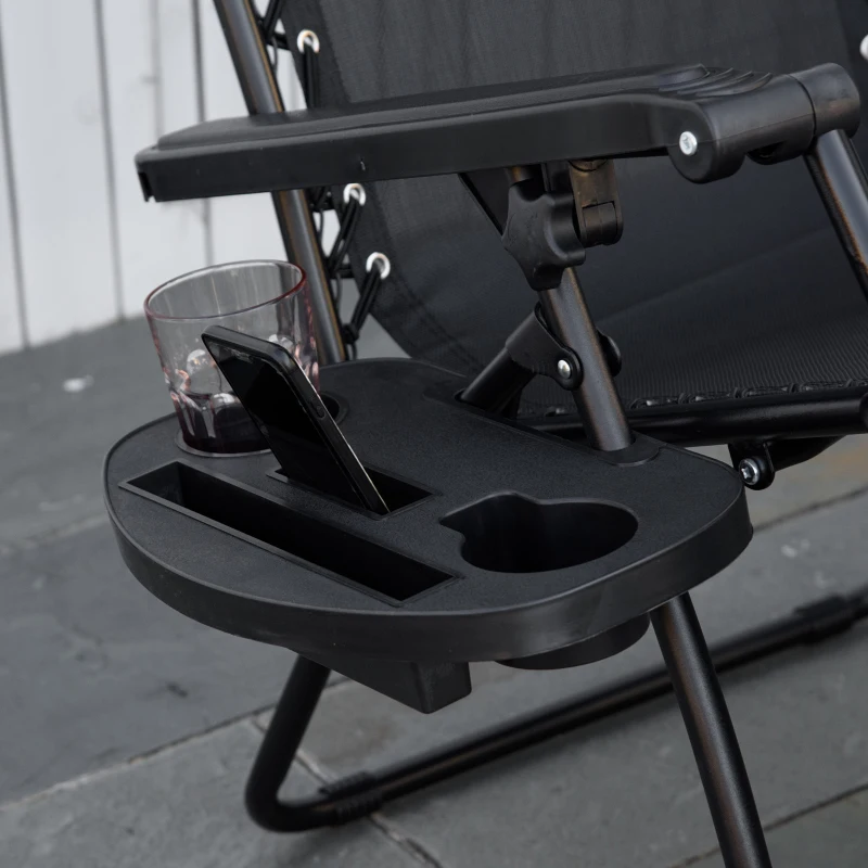 Outsunny 2 Piece Foldable Lounge Chair with Canopy Shade, Outdoor Zero Gravity Chair w/ Side Tray & Cup Holder, Reclining Lounger w/ Breathable Mesh Fabric Seat, Pillow, Black