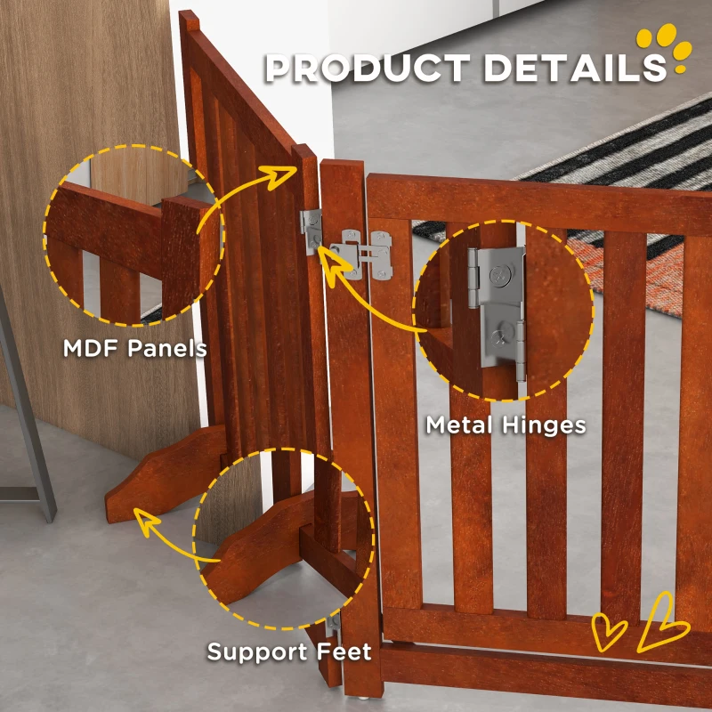 PawHut Foldable Dog Gate with Door, 4 Panels Fressstanding Pet Gate, Brown