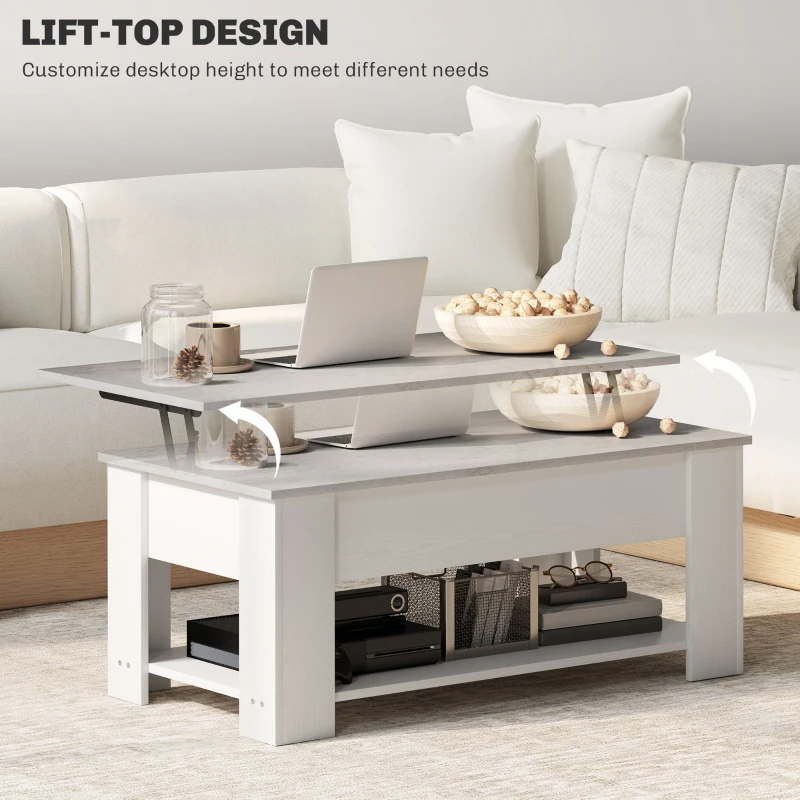 HOMCOM Lift Top Coffee Table with Hidden Storage Compartment and Open Shelf, Center Table for Living Room, White