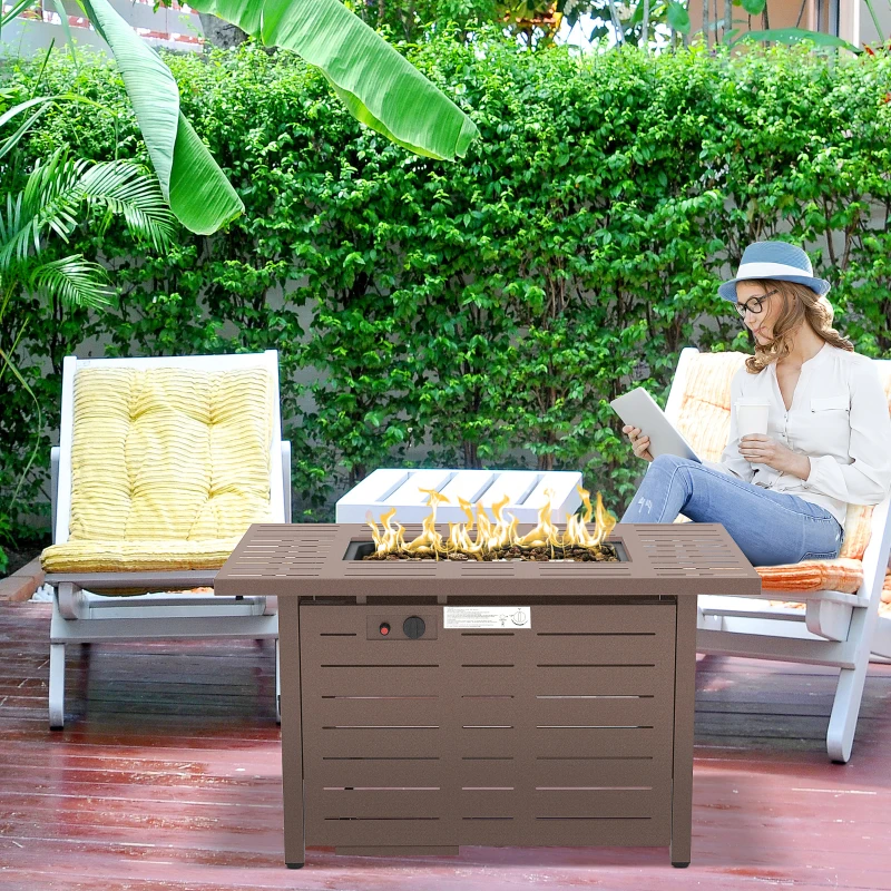 Outsunny 42 Inch Outdoor Propane Gas Fire Pit Table, 50,000 BTU Auto-Ignition Rectangular Gas Firepit with Slat Tabletop, Lid, Lava Rocks, Rain Cover, CSA Certification, Brown