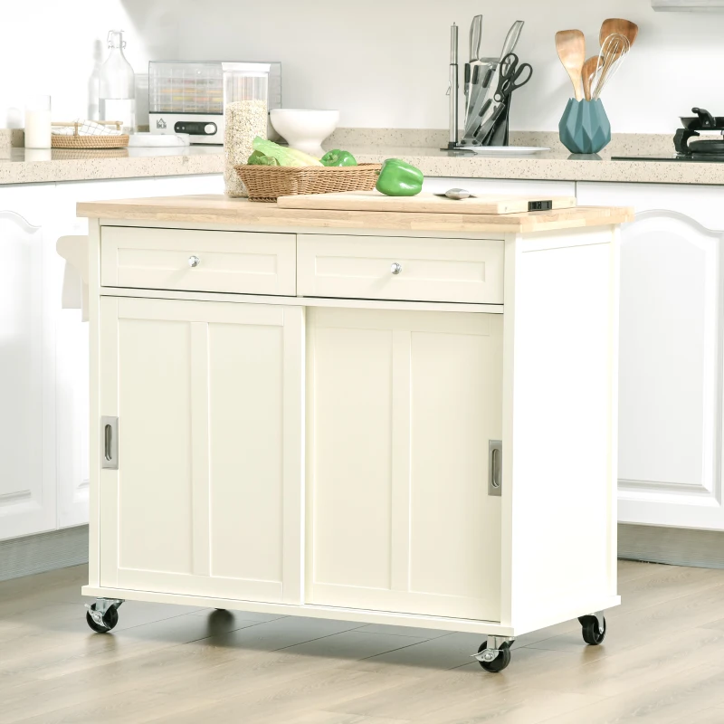 HOMCOM 43" Rolling Kitchen Island, Kitchen Storage Cart on Wheels with Sliding Doors, Cabinet, 2 Drawers, and Towel Rack, Cream White