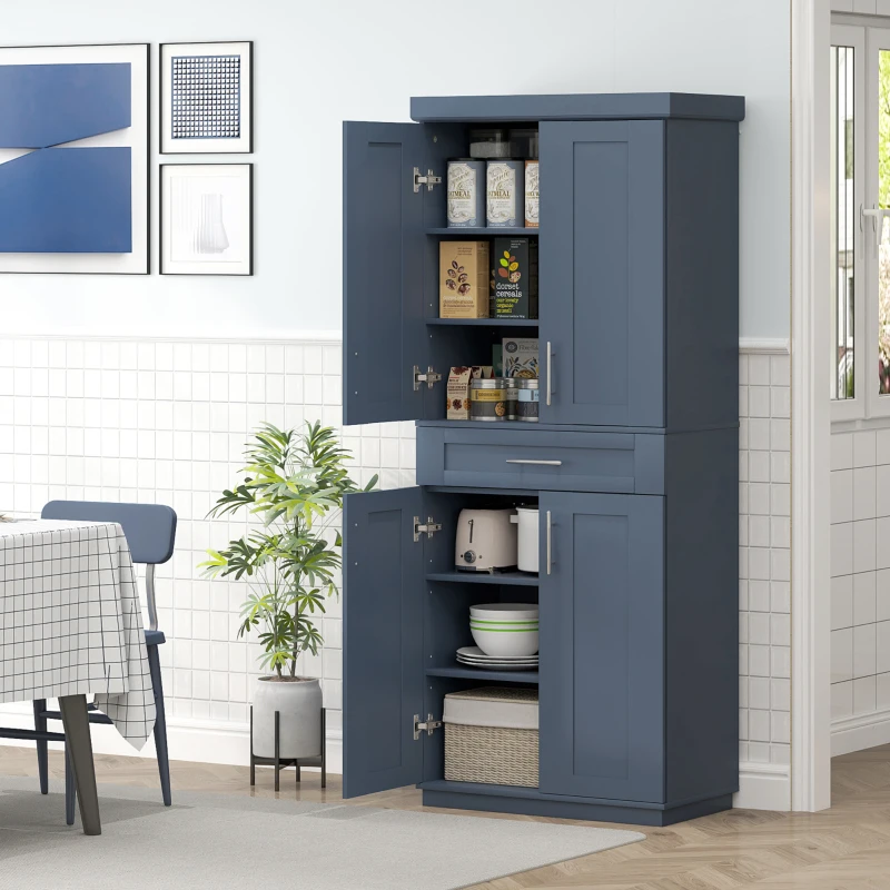 HOMCOM Modern Kitchen Pantry Freestanding Cabinet Cupboard with Doors and Drawer, Adjustable Shelving, Navy Blue