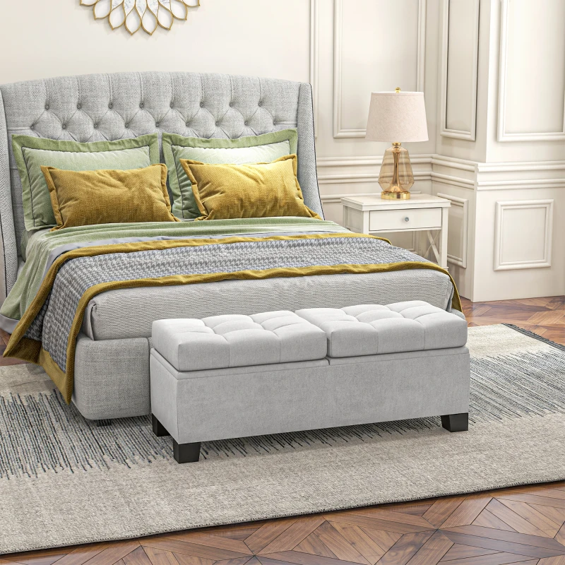 HOMCOM 46" Storage Ottoman Bench, Upholstered End of Bed Bench with Steel Frame, Button Tufted Storage Bench with Safety Hinges for Living Room, Entryway, Bedroom, Cream