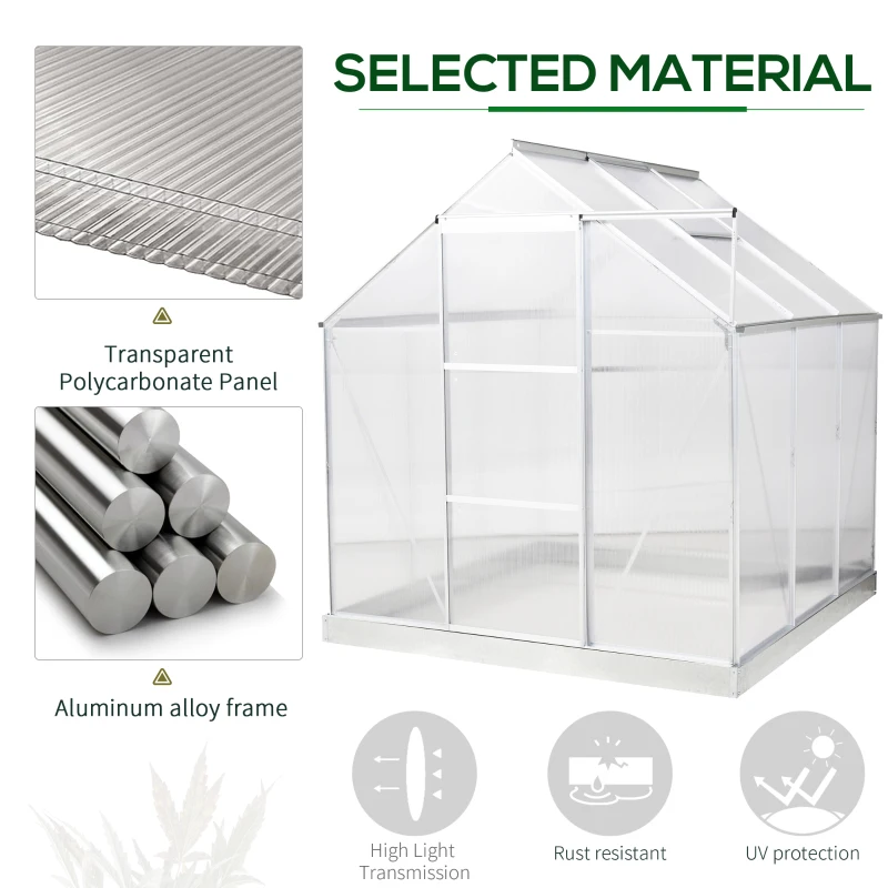 Outsunny 6' x 6' Hobby Greenhouse, Walk-in Polycarbonate Hot House Kit with Aluminum Frame, Sliding Door, Roof Vent, Silver
