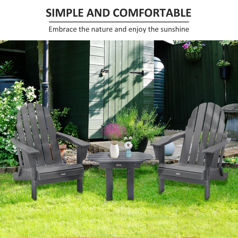 Outsunny 3 Piece Adirondack Chair Set of 2, HDPE Folding Fire Pit Chairs and Patio Side Table, Outdoor Furniture with Slatted Seat, High Backrest, Armrests, Dark Gray