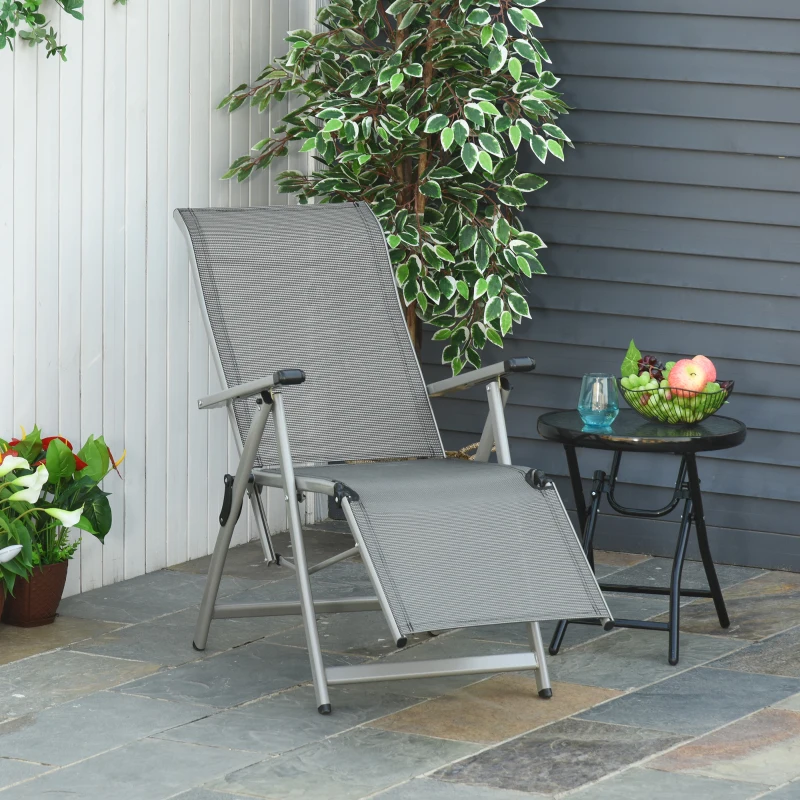 Outsunny Foldable Lounge Chair with 10-Positions Adjustable Backrest & Footrest for Deck, Backyard, Beach, Porch, Grey