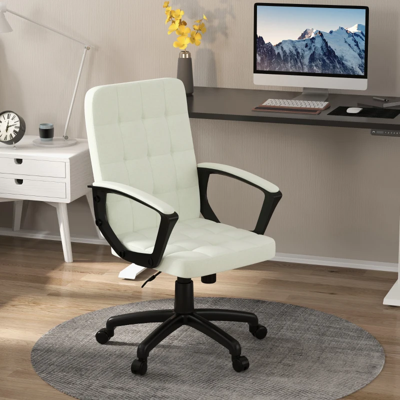 Vinsetto Mid Back Office Chair, Computer Chair for Desk, with Adjustable Height, Swivel Wheels, Arms, Cream White