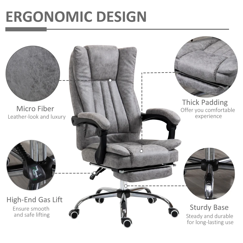 Vinsetto Microfiber Computer Chair, Executive Office Chair with Reclining Backrest Retractable Footrest Adjustable Height Grey