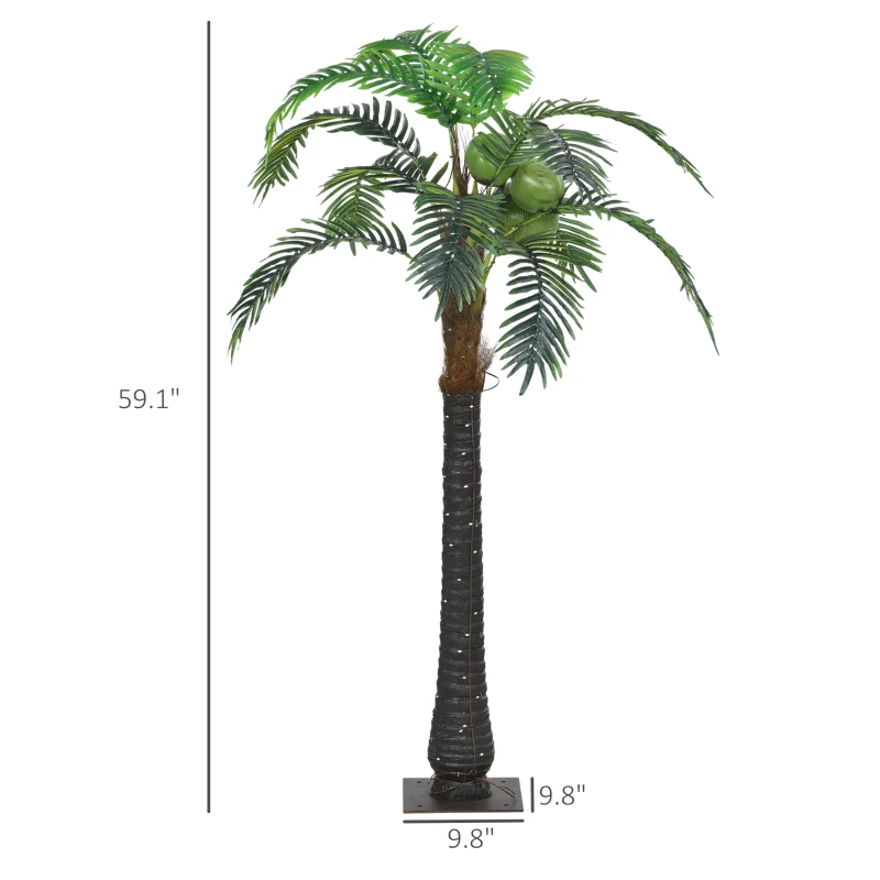 Outsunny 5' Artificial Light Up Palm Tree Lighted Tropical Fake Tree with Remote 200 Lights 3 Coconuts for Outdoor Indoor Green