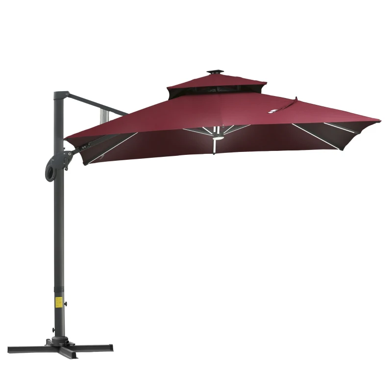 Outsunny 10x10ft Shade Umbrella with Solar LED Cold Lighted and Power Bank with Adjustable Angle for Backyard, Wine Red