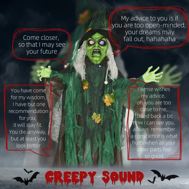 HOMCOM 72 Inch/6ft Life Size Outdoor Halloween Decoration Witch, Animated Prop Decor with Sound and Motion Activated, Light Up Eyes, Creepy Sound
