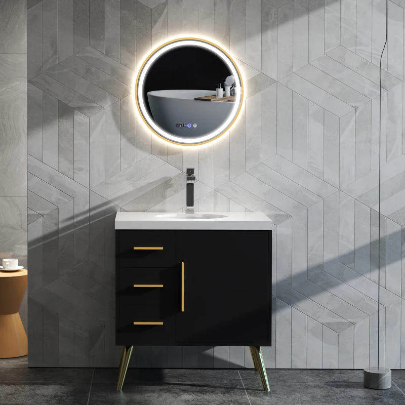 HOMCOM 24" Round Bathroom Mirror with LED Lights, Wall Mounted Vanity Mirror with Anti-Fog Pad, Time and Temp Display, Gold