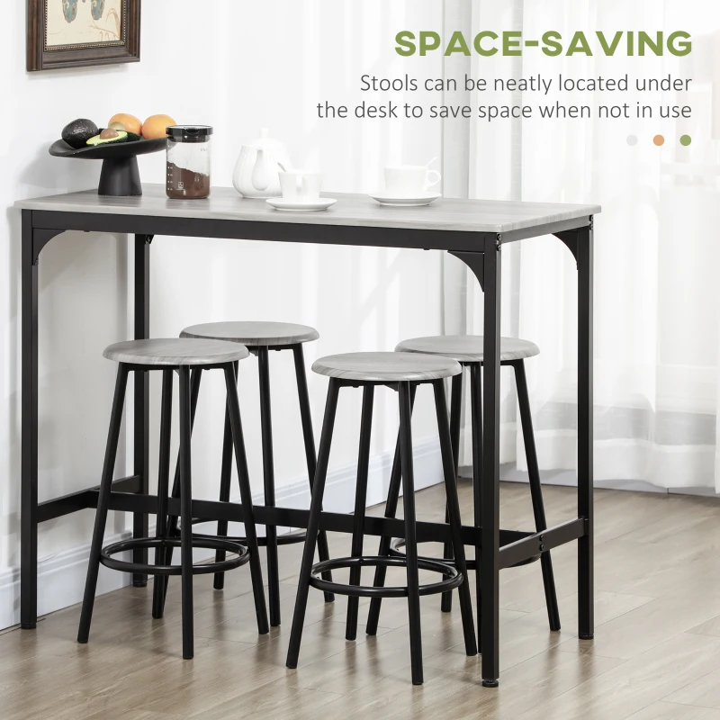 HOMCOM 5-Piece Counter Height Bar Table Set, Rustic 43.25" Dining Table with 4 Bar Stools, Kitchen Table with Wooden Top for Pub, Dining Room, Gray