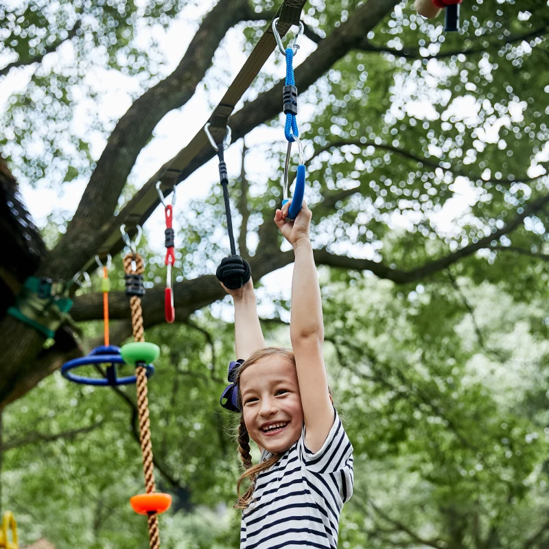 Outsunny Ninja Warrior Obstacle Course Slackline Line for Kids with Monkey Bars Gymnastics Rings Swing Climb Rope Fists Training Equipment Set for Backyard Playground