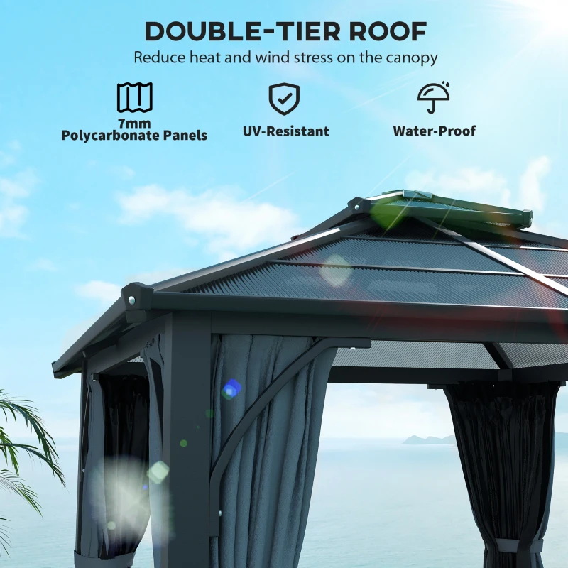 Outsunny 10' x 10' Hardtop Gazebo with 7mm Double Polycarbonate Roof, Outdoor Gazebo with Netting and Curtains