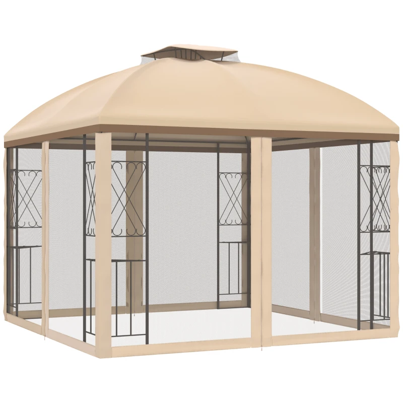 Outsunny 10' x 10' Patio Gazebo with Corner Shelves, Double Roof Outdoor Gazebo Canopy Shelter with Removable Mesh Netting, for Garden, Lawn, Backyard and Deck, Beige