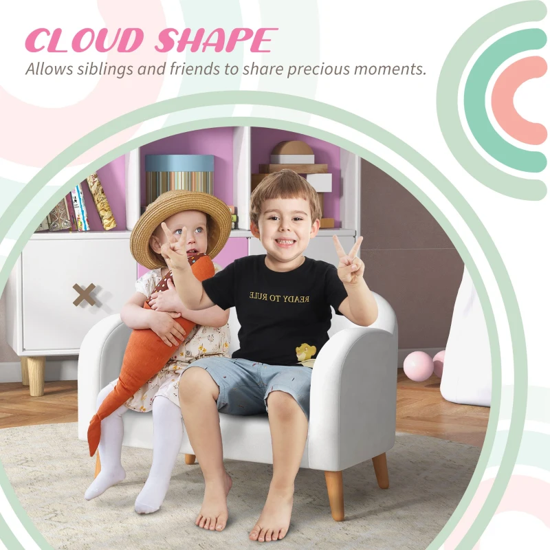 Qaba 2 Seater Kids Sofa with Soft Foam Padded, Anti-Tipping Design, White