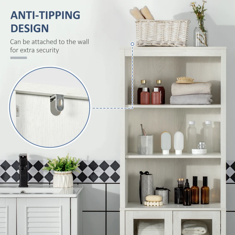 kleankin Tall Bathroom Storage Cabinet with 3 Tier Shelf, Glass Door Cabinet, Freestanding Linen Tower with Adjustable Shelves, Antique White