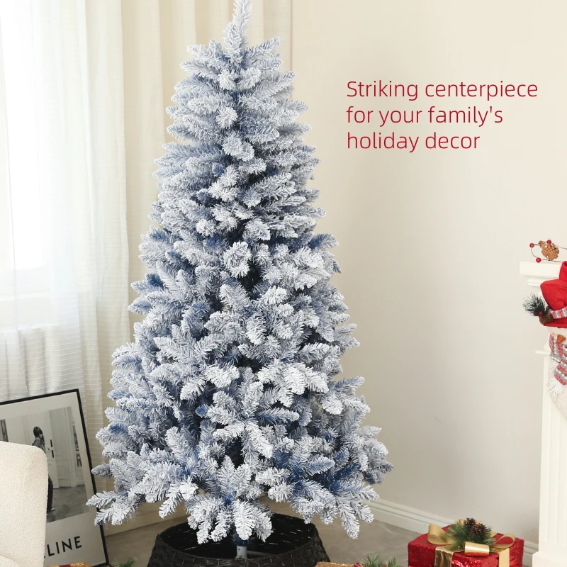 HOMCOM 6ft Flocked Blue Christmas Tree, Artificial Christmas Tree with Hinged Design, Faux Snow, for Home Office Holiday Xmas