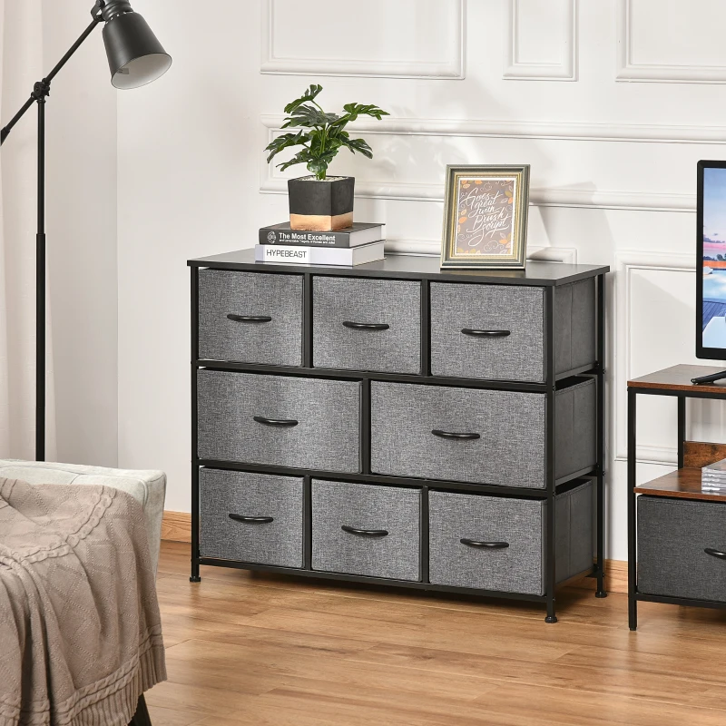 HOMCOM 8-Drawer Dresser, 3-Tier Fabric Chest of Drawers, Storage Tower Organizer Unit with Steel Frame for Bedroom, Hallway, Dark Gray