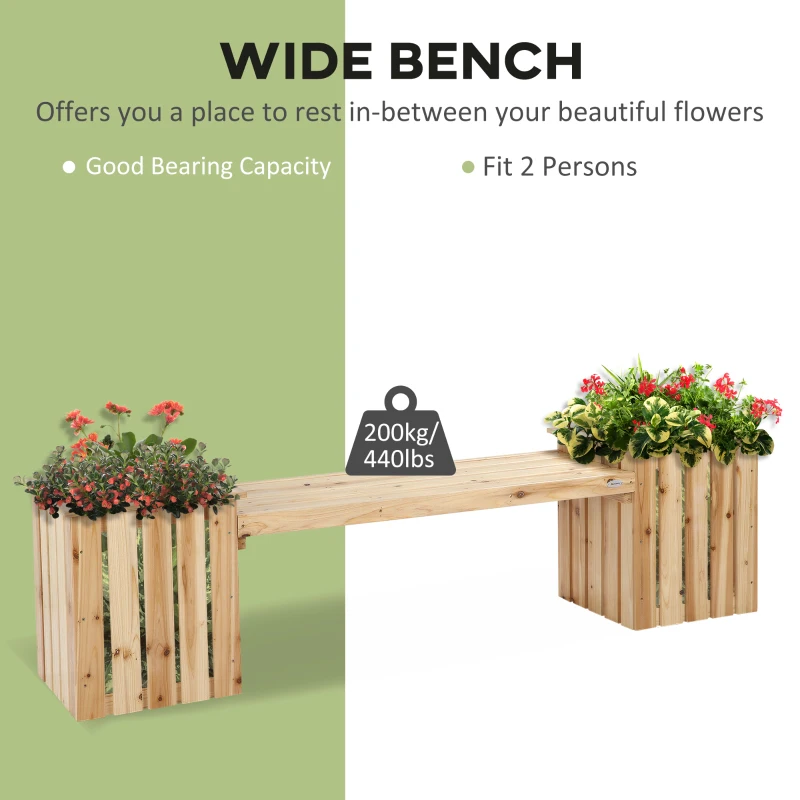 Outsunny Outdoor Wooden Garden Stool Bench with 2 Planters, Natural Wood