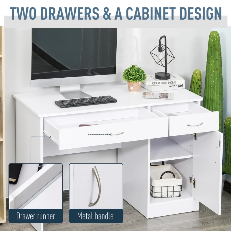 HOMCOM Computer Desk with Storage Drawers, Study Writing Table with Cabinet Adjustable Shelf for Home Office Workstation Bedroom, White