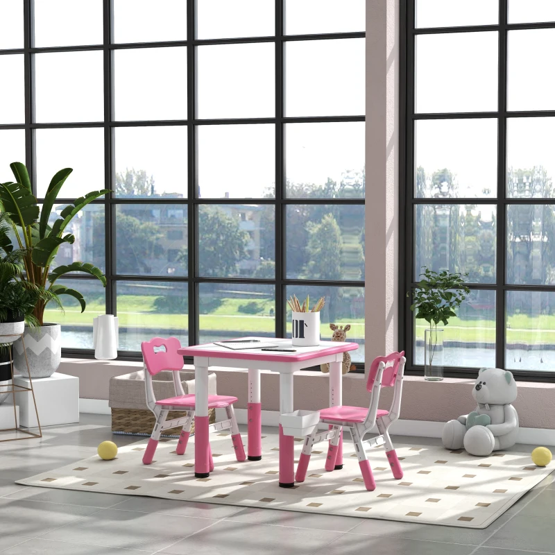 Qaba 3pc Height Adjustable Toddler Table and Chair Set with Storage, Easy to Wipe for Daycare Classroom, Pink